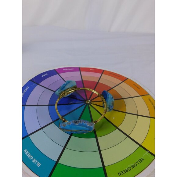 Handmade Bangle Bracelet Wire Wrapped Gold Tone Boho Statement Agate Jewelry - Picture 6 of 7